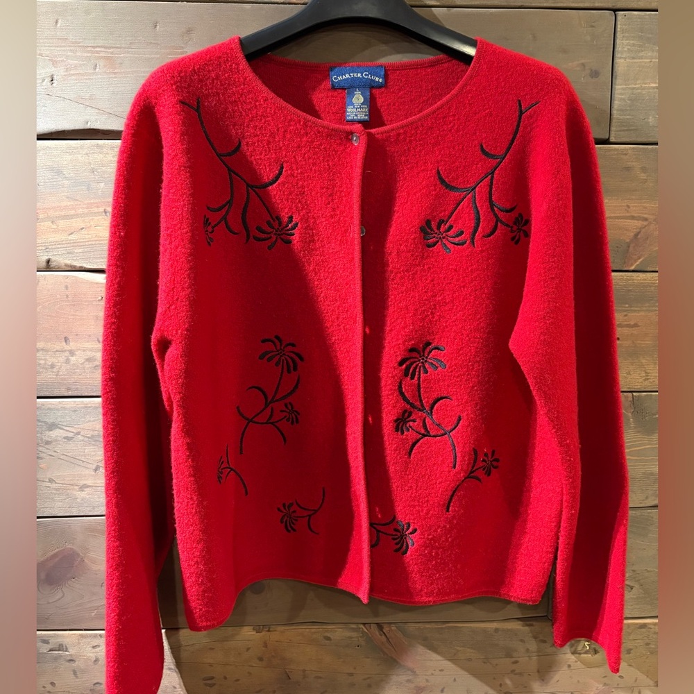 Charter Club Vibrant Red Cardigan with Black Embroidery
